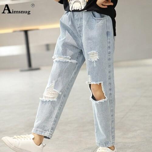 Children Elastic Waist Jeans Demin Pants Streetwear 2021 Fashion Hole Ripped Demin Trouser Kids Girls Letter Print Jean Pantalon