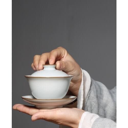 Ruyao Yuebai Travel Teapot Ceramic Sancai Cover Bowl Tea Tureen Teacup Hand Grasp Gaiwan Tea Bowl Tes Set Tea Cup Home Drinkware