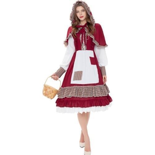 Adult Maid Cosplay Costume Lolita Dress Medieval Sweet Wine Red Gothic Sexy Party Fancy Girl Halloween Little Red Riding Hood