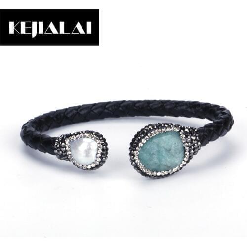 KEJIALAI Unique Design Wrap Leather Gems Stone Freshwater Pearl Inlay Rhinestone Double Togue Open Bangle Women Cuff Hotsale