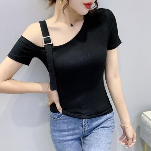 Summer The New Fashion diamond jewelry T Shirt Skew collar Women Short sleeve Slim Tshirt Tops woman t shirts Large size