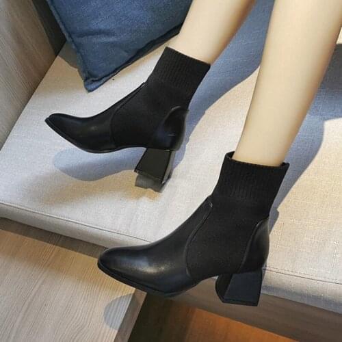 Lucyever Womens Fashion High Heels Ankle Boots PU Leather Patchwork Elastic Women Boots Elegant Office Party Shoes Woman Boots