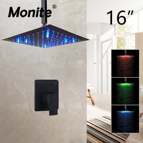 Monite LED 8 ~16 Inch Matte Black Ceiling Mounted Rainfall Bathroom Ultrl-thin Square Shower Head Hand Shower Set Faucet