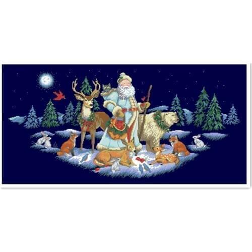 Woodland santa cross stitch package animal deer 18ct 14ct 11ct deep blue cotton thread embroidery DIY handmade needlework