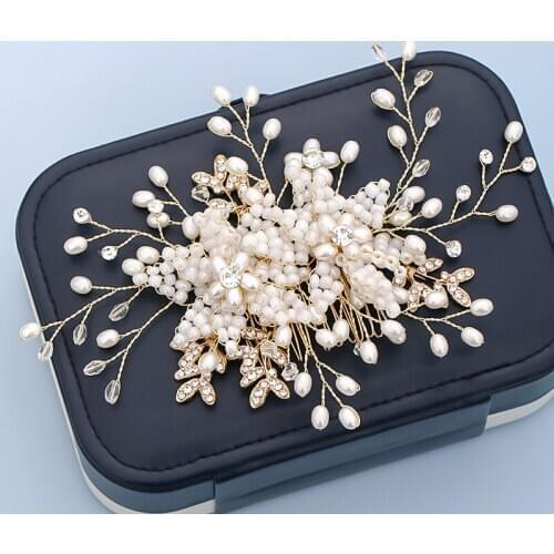 New Flower Pearl Crystal Wedding Tiara Handmade Gold Leaf Bridal Hair Comb Jewelry Hair Accessories For Women Bridal Ornaments