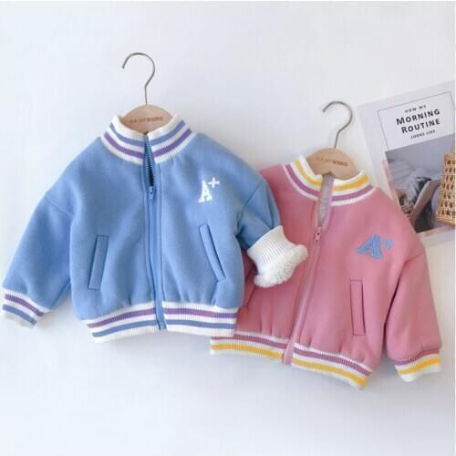 2020 Autumn Winter Toddler Girls Jackets Korean Casual Letter Plus Velvet Zipper Baby Coats for Girl Kids Cartoon Warm Jacket