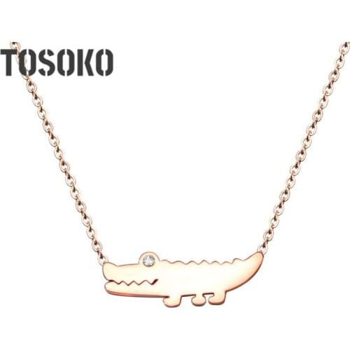 TOSOKO Crocodiles Necklace Zircon Inlay Exquisite Stainless Steel Jewelry Cute Crocodile Animal Necklace For Women BSP248