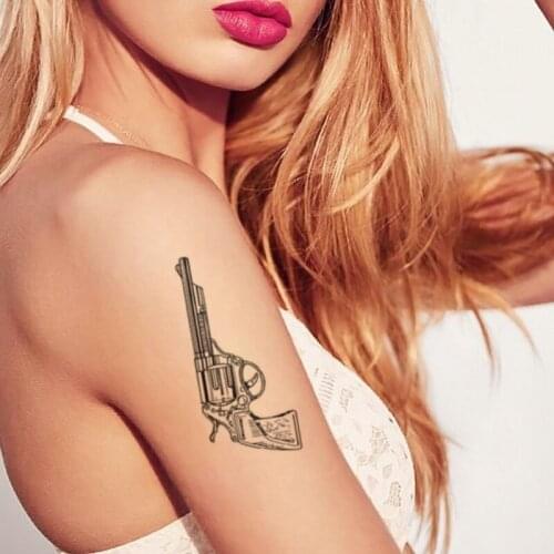 Gun Cool Women Men Temporary Tattoo Sticker Black English Five-pointed Star Crown Arm Body Art Small Size Fake Tattoo Sticker