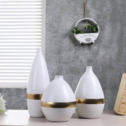 Nordic Style Simple Jade White Ceramic Flower Vase Home Decor Gold Plating for Tabletop Vase