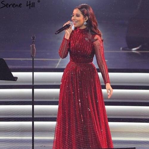 Serene Hill Wine Red Muslim A-Line Luxury Evening Dresses Gowns 2021 Sparkle Beading Sexy For Women Party DLA70991