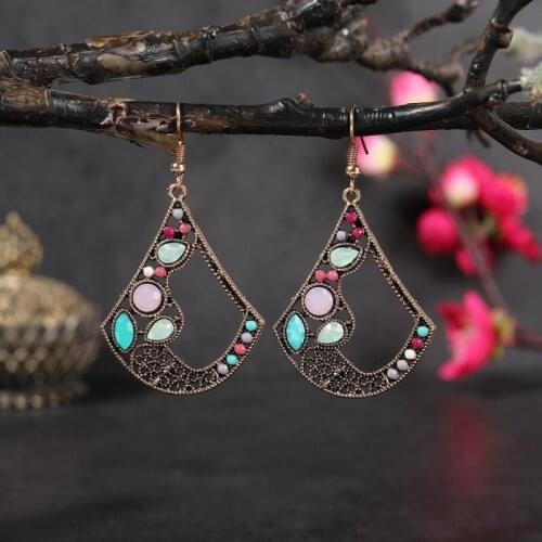 Ethnic Egypt Sector Bronze Women Wedding Earrings Vintage Corful Stone Dangle Earrings Brincos Jewelry