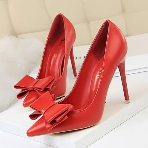 Women Pu Leather Bow Pointed Toe Stiletto High Heel Pump Wedding Evening Party Dress Heels Red Blue Yellow Shoes