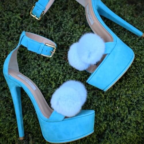 Moraima Snc Sky Blue Suede High Heel Sandal Open Toe Pom Pom Hairball Decorations Ankle Strap Shoes Woman Gladiator Sandal
