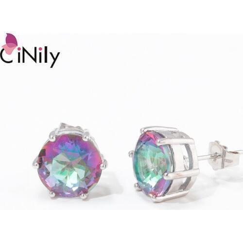 CiNily Rainbow Mystic Zirconia Stud Earrings With Stone Silver Plated Luxury Large Round Ball Jewelry Gifts for Girl Women
