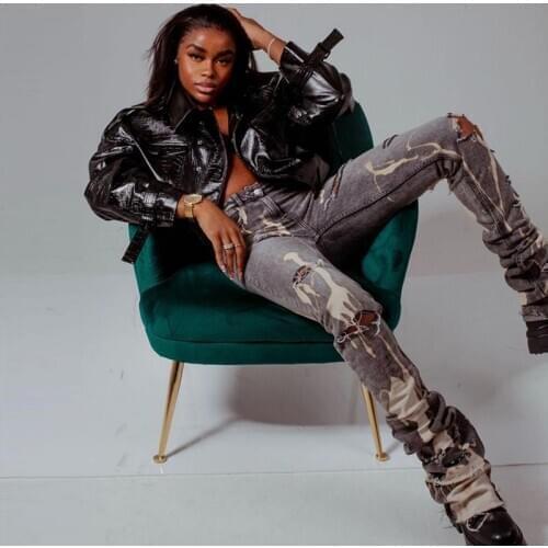 Women Ripped Distressed Stacked Jeans Vintage High Waist Straight Skinny Denim Pants Y2K Shredded Trousers 2021 Summer