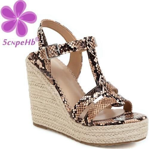 Snakeskin Pattern Wedges Sandals Women High Heel Open Toe Platform Buckle Straw Serpentine Rome Shoes Summer 2020 Drop Shipping