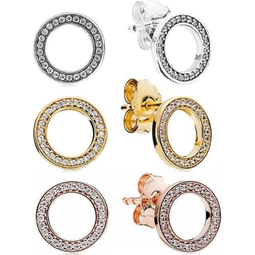 Original Sliver Rose And Golden Sparkling Circular Forever Crystal Stud Earrings For Women Wedding Gift Europe DIY Jewelry