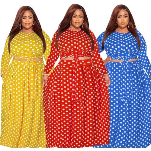 Plus Size 4XL 5XL 2 Piece Set Polka Dot Printed Long Sleeve Tops Casual Long Skirts Women Fall Outfits Vintage Matching Sets