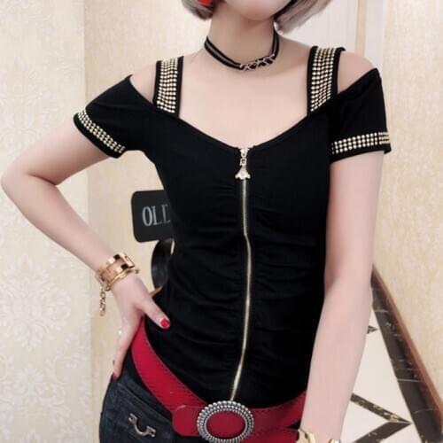 Short-sleeved women 2020 summer off the shoulder strapless zipper slash nack hot drilling top tees plus size 3XL