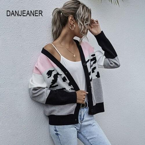 DANJEANER Plus Size Women Sweaters 2020 Long Sleeve V Neck Leapard Patchwork Cardigan Female Contrast Color Knitwear Ropa Mujer