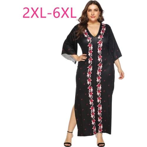 2021 summer new plus size long dress for women large slim casual half sleeve print flower V neck dresses black 4XL 5XL 6XL 7XL