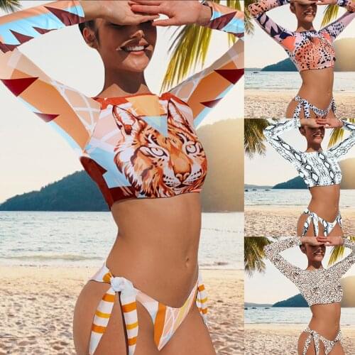 2PCS Women Sun Protection Suit New Leopard Print Bikini Womens Long Sleeve Sunscreen Swimsuit Bandage Swimsuit Split Bikini
