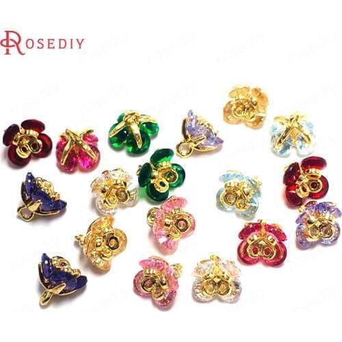 37101)6PCS 7x7MM 24K Champagne Gold Color Brass and Zircon 3D Flower Charms Pendants Jewelry Making Supplies Diy Accessories