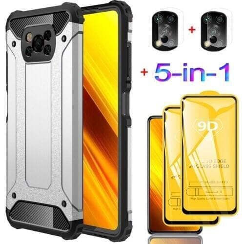 5-in-1 Phone Cases + Glass for Poco X3 NFC Case Poco X 3 NFC Mi Pocophone X3 NFC Shockproof Silicone Cover Xiaomi Poco X3 Case
