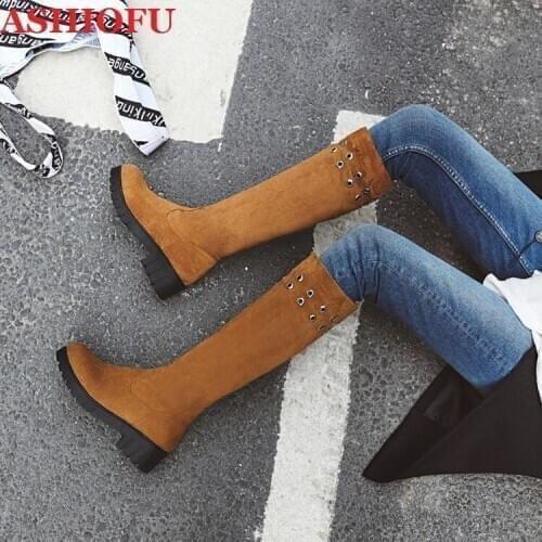 ASHIOFU Hot 2020 New Handmade Womens Boots Thick Soles Party Prom Mid-calf Boots Evening Club Winter Fashion Boots Brown Shoes