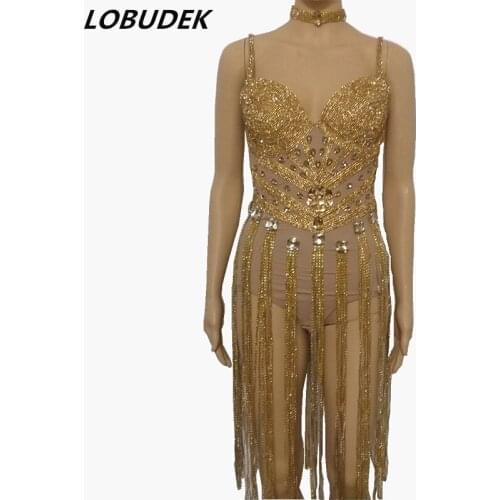 Shiny Gold Diamond Rhinestones Tassel Bodysuit Women Singer Dancer Stage Wear Bar Nightclub Party Performance Leotard Costume