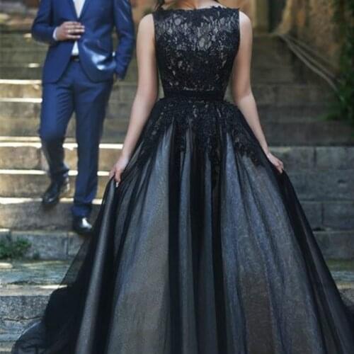 Black A-Line Lace Sleeveless Tulle Wedding Dress High Quality Floor Length Bridal Gown