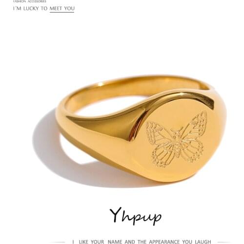 Yhpup New Stainless Steel Jewelry Butterfly Engrave Ring Golden Metal 18 K Waterproof Ring For Women Gala Gift кольцо женское