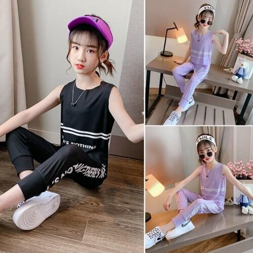 Teens Fashion Clothes Set 2021 Summer Vest Top+ Pants Letter Printed Two-pieces Suit Childrens Sports Suit for Teen Girls 4-14Y