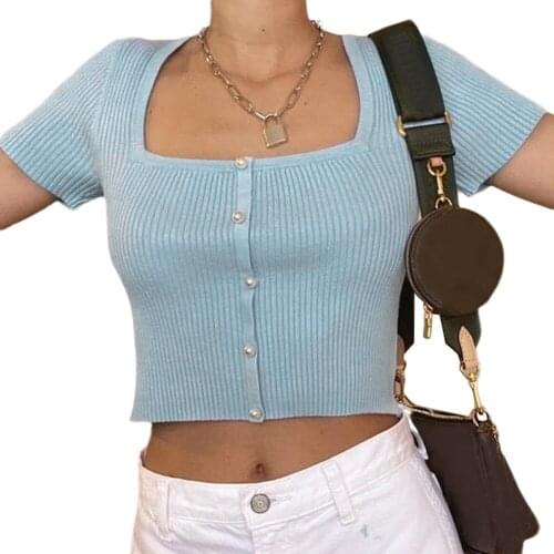 Women Short Sleeve Square Collar Crop Top Ladies Summer Fashion Solid Color Knit Tops