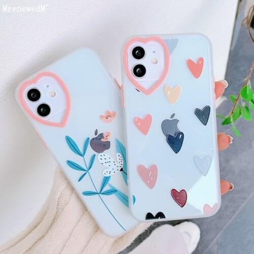 Fashion Love Heart Camera Frame Case For iPhone 12 Mini 11 Pro Max XR XS 7 8 Plus SE2 Soft Bumper Flower Transparent Phone Cover