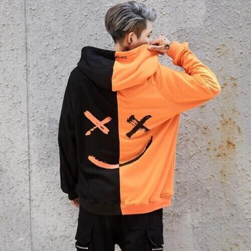 April MOMO 2021 Men Smile Print Headwear Hoodie Pullovers Hip Pop Streetwear Male Casual Fashion Loose Style Patchwork Hoodies