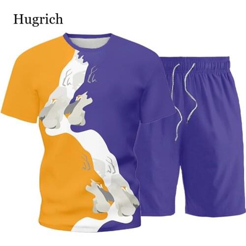 2021 New Men Summer Sets Lion Print Fashion Short Sleeve T-Shirt Sportswear Suit 2 Pcs+Shorts Street Hip Hop Tracksuit Mens Set