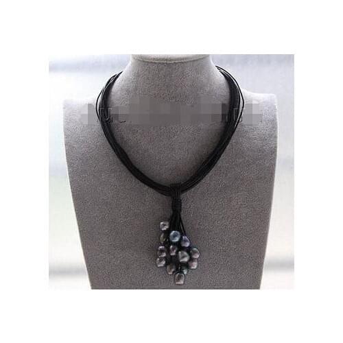 New hot Choker 18" 15row 14mm peacock black pearls Black leather Pendant necklace