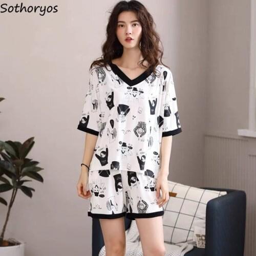 Summer Pajama Sets Women V-neck Short Sleeve Tops Elastic Waist Shorts Printed Students Cozy Leisure Loose Nightwear Lounge Chic