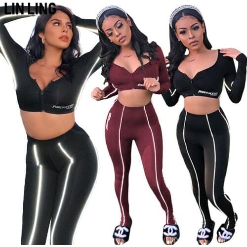LINLING Casual Stripe Zipper Round Neck Short Open Navel Top + High Waist Slim Pants Reflective Band Matching Suit