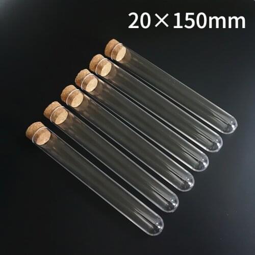 10pcs to 100pcs 20x150mm Transparent Plastic Round Bottom Test Tubes with cork stopper for School/Laboratory Glassware