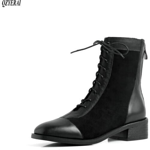 QZYERAI New style Genuine leather Lace-up boots Womens boots Autumn and winter Fashion female boots cowhide Womens shoes
