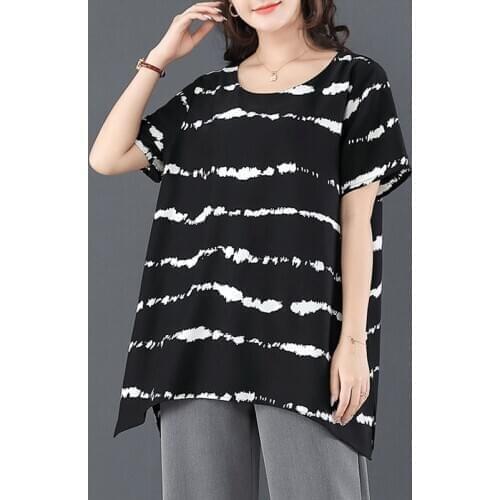 Plus Size Women Spring Summer Blouses Shirts Lady Casual Short Sleeve O-Neck Striped Printed Blusas Tops ZZ0266
