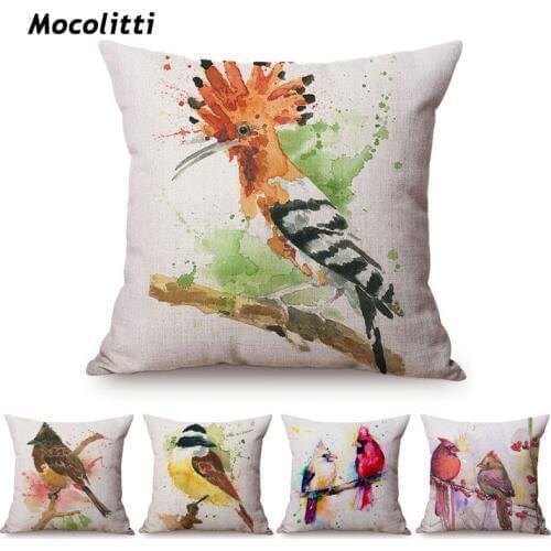 Nordic Gallery Art Watercolor Birds Print Home Decoration Pillow Cute Blue Jay Bird Titmouse Fairy Sparrow Sofa Cushion Cover