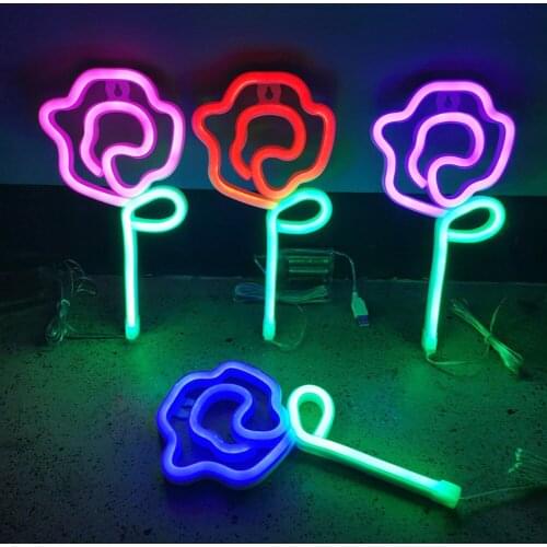 LED Neon Light Rose Art Sign USB Battery Powered Christmas Wedding Party Decor Lamp Wall-Mounted Lighting Room Decorative Lamp