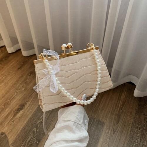 Retro Alligator Pattern Crossbody Bag For Women 2021 Clip Buckle Pearl Chain Bag PU Leather Small Shoulder Bag Square Handbags