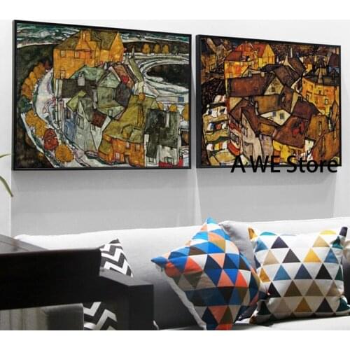 Vintage Egon Schiele European Architecture Village Landscape Posters Prints Canvas Oil Paintings Wall Art Living Room Decoration