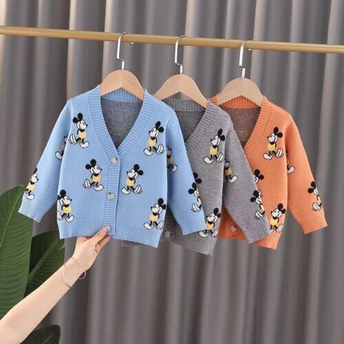 Cartoon Mickey Mouse V-neck Knitted Sweater Cardigan Girl Boy Jumper Children Single-Breasted Sweaters Winter Autumn Kid Clothes