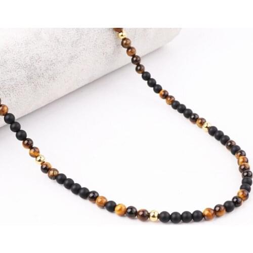 High Quality New Design Natural Stone Matte Onyx Brown Tiger Eye Stainless Steel Beads Men Long Necklace 30inches Jewelry Gift