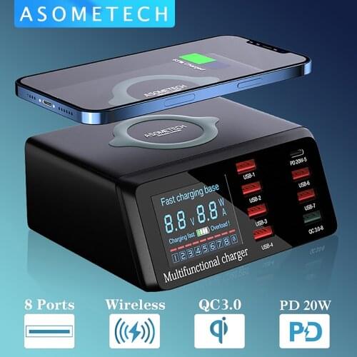 100W 8 Ports PD QC 3.0 USB Charger Adapter HUB Wireless Charger Charging Station Tablet Phone Fast Charger for iPhone 12 Samsung